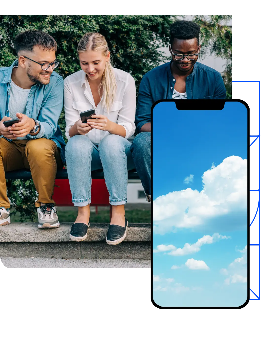 Two men and a woman all smiling and looking down at their smartphones with inset of phone with clouds on it.